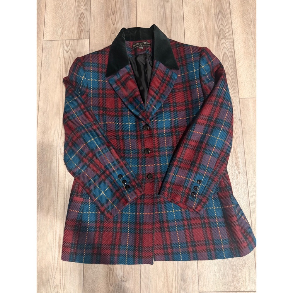 Kasper & Company ASL Vintage Wool Tartan Blazer Red Blue Plaid Velvet Collar 16